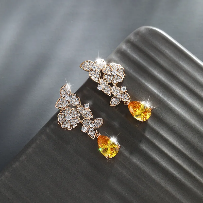 Jewelry Plant Flower Fashion Retro Drop-Shaped Earrings Feminine Light Luxurious Artificial Stone Earrings