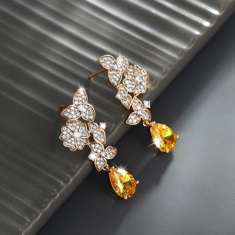 Jewelry Plant Flower Fashion Retro Drop-Shaped Earrings Feminine Light Luxurious Artificial Stone Earrings