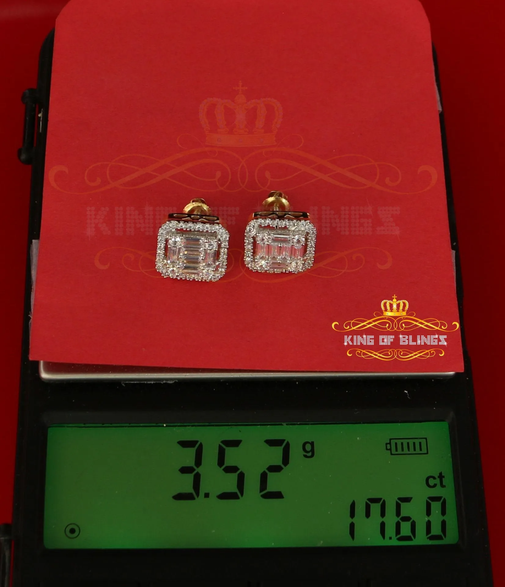 King of Bling's 925 Yellow Silver 0.96ct Cubic Zirconia Women's & Men's Hip Hop Square Earrings