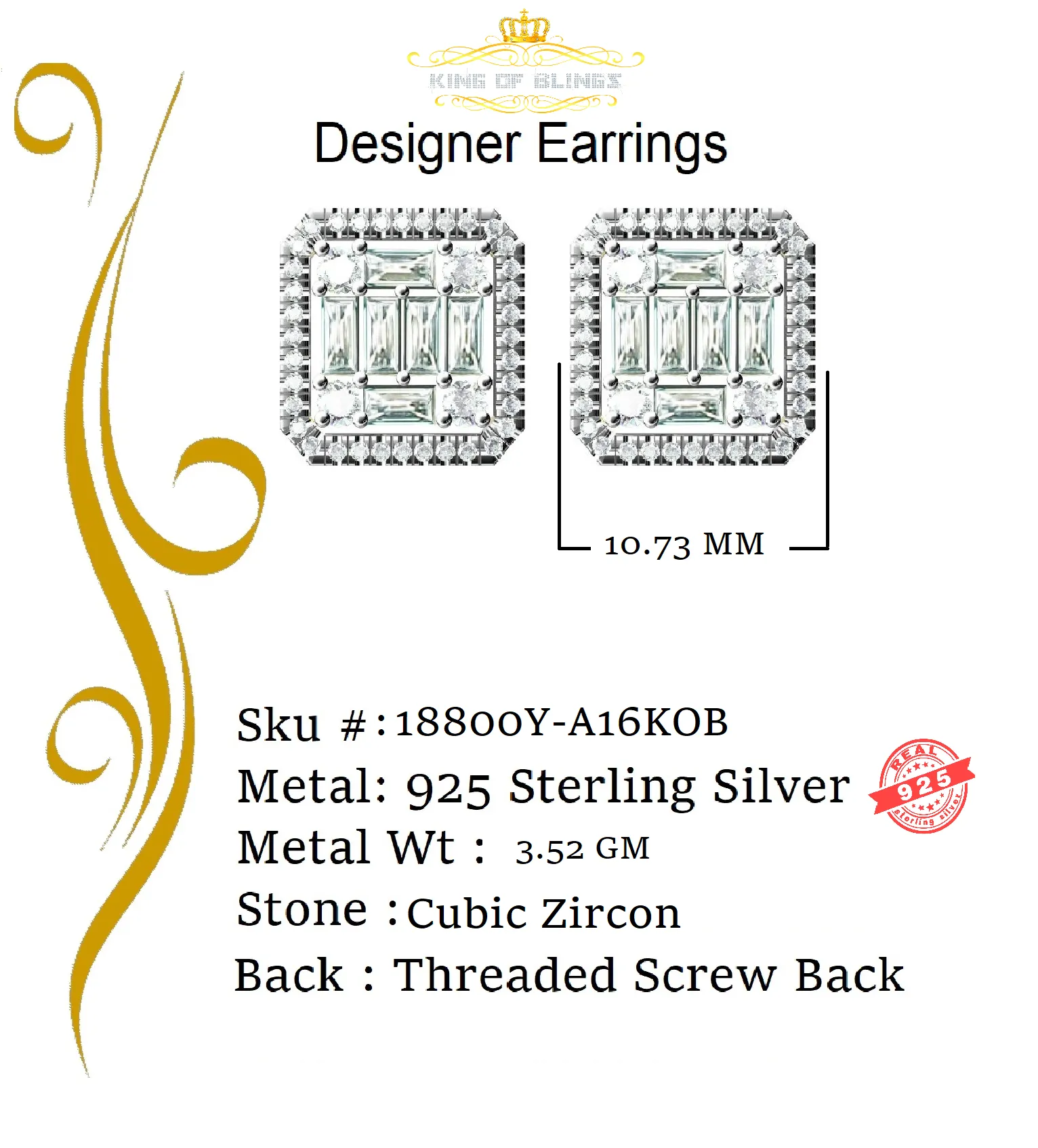 King of Bling's 925 Yellow Silver 0.96ct Cubic Zirconia Women's & Men's Hip Hop Square Earrings