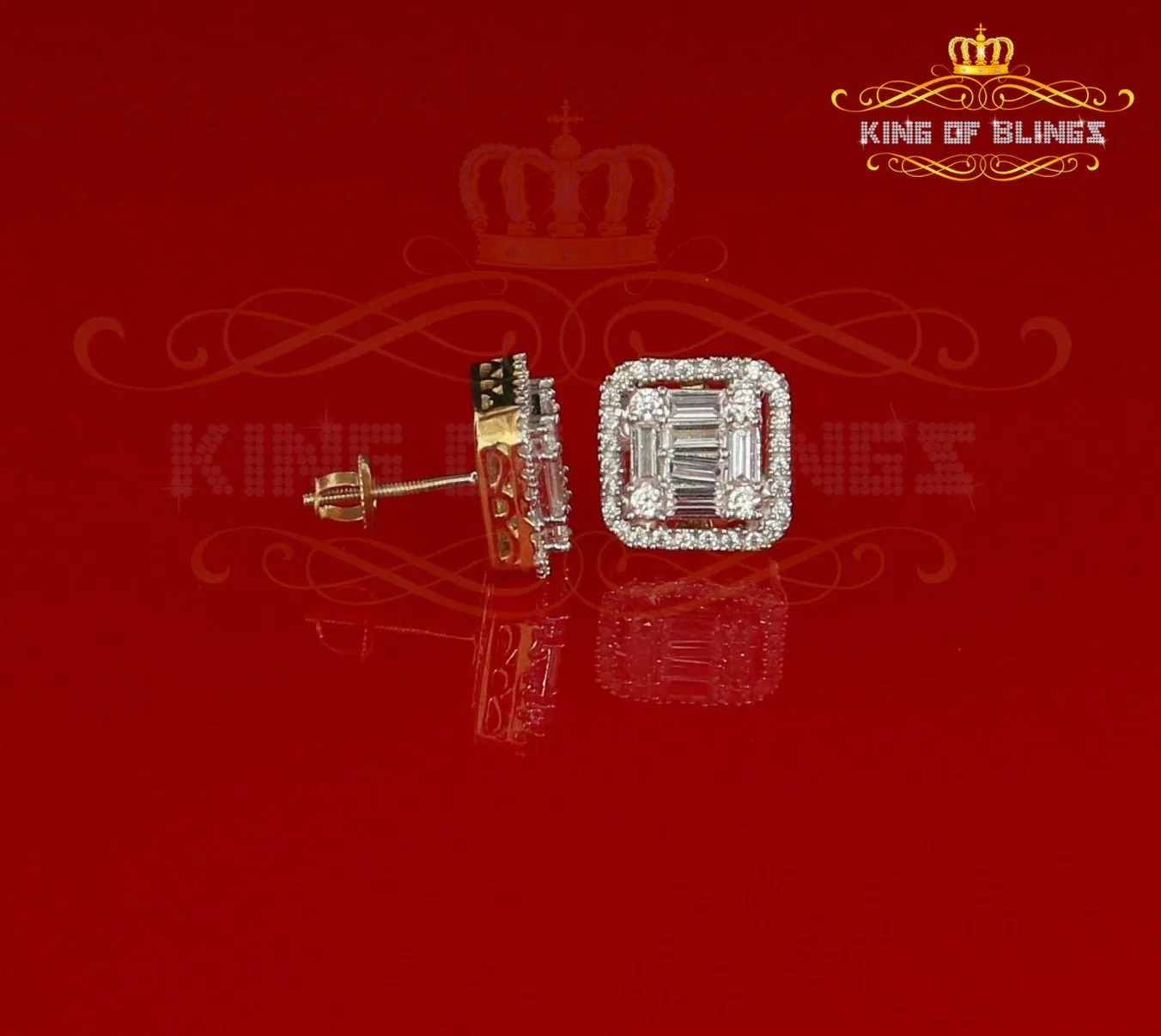 King of Bling's 925 Yellow Silver 0.96ct Cubic Zirconia Women's & Men's Hip Hop Square Earrings