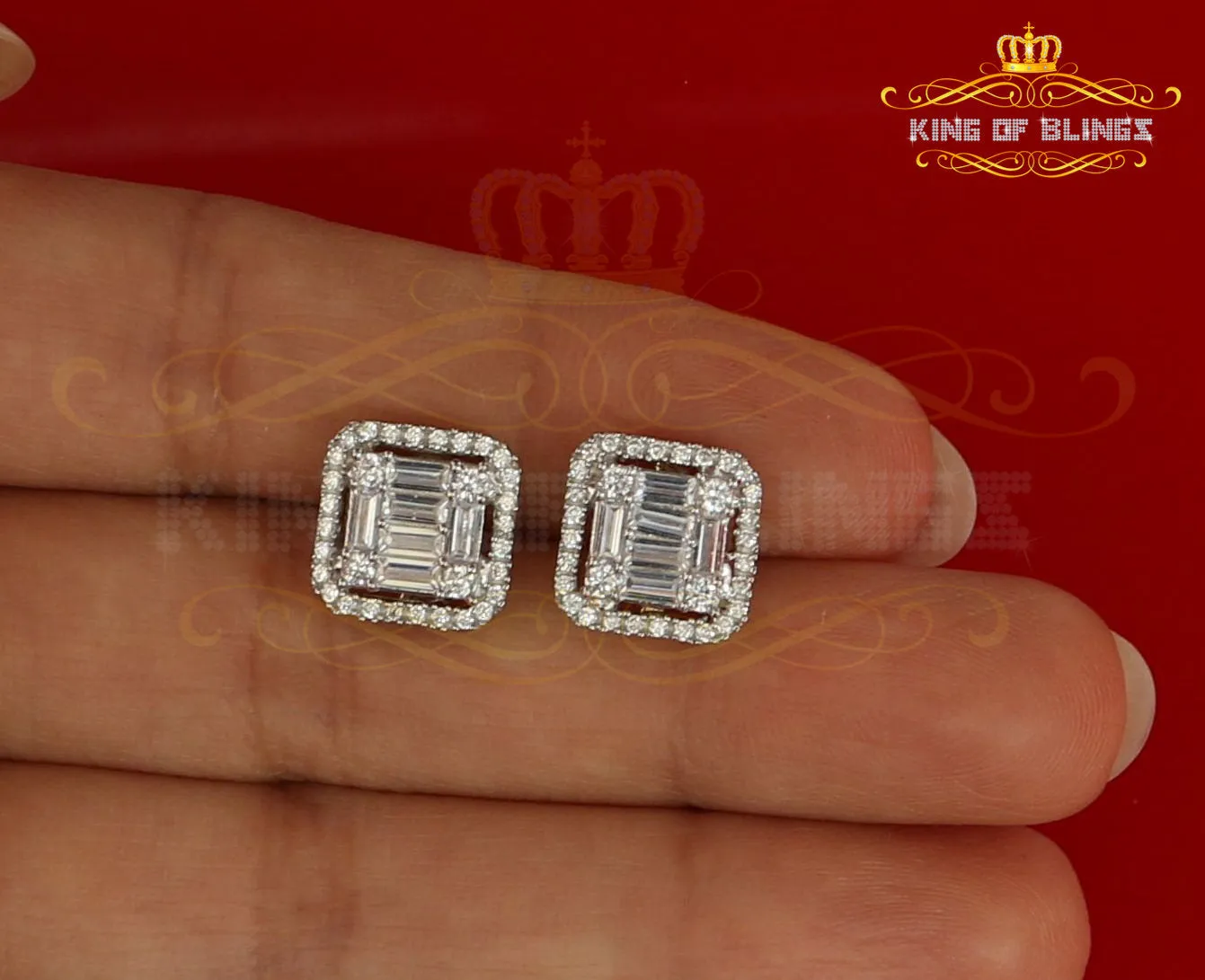 King of Bling's 925 Yellow Silver 0.96ct Cubic Zirconia Women's & Men's Hip Hop Square Earrings
