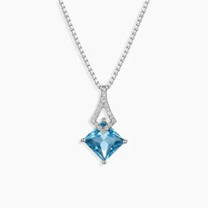 London Blue Topaz Princess cut Pendant Necklace in Sterling Silver