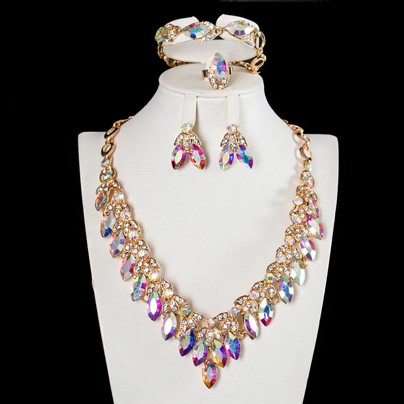 Luxury Crystal Necklace Earrings Bracelet Ring Jewelry Sets Party Wedding Accessories Bridal Costume Jewellery Sets