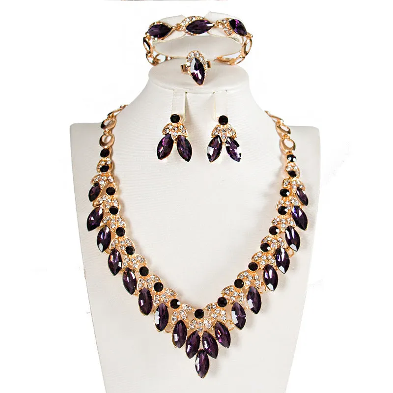 Luxury Crystal Necklace Earrings Bracelet Ring Jewelry Sets Party Wedding Accessories Bridal Costume Jewellery Sets