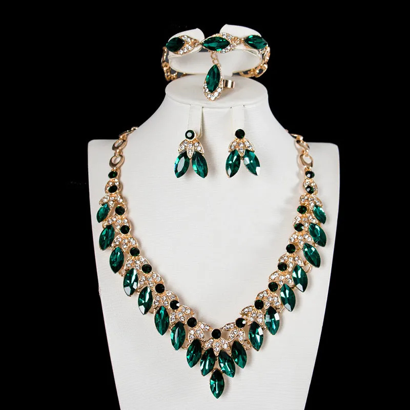 Luxury Crystal Necklace Earrings Bracelet Ring Jewelry Sets Party Wedding Accessories Bridal Costume Jewellery Sets