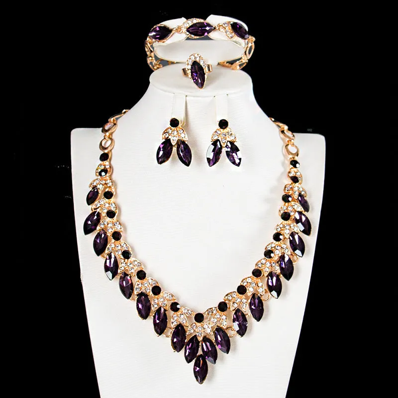 Luxury Crystal Necklace Earrings Bracelet Ring Jewelry Sets Party Wedding Accessories Bridal Costume Jewellery Sets