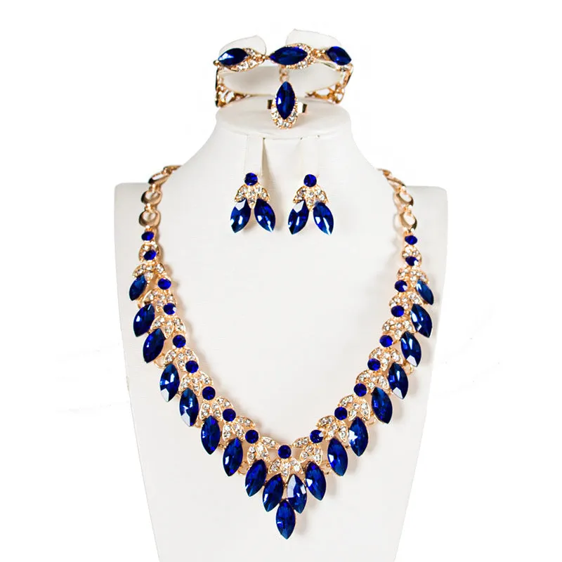 Luxury Crystal Necklace Earrings Bracelet Ring Jewelry Sets Party Wedding Accessories Bridal Costume Jewellery Sets