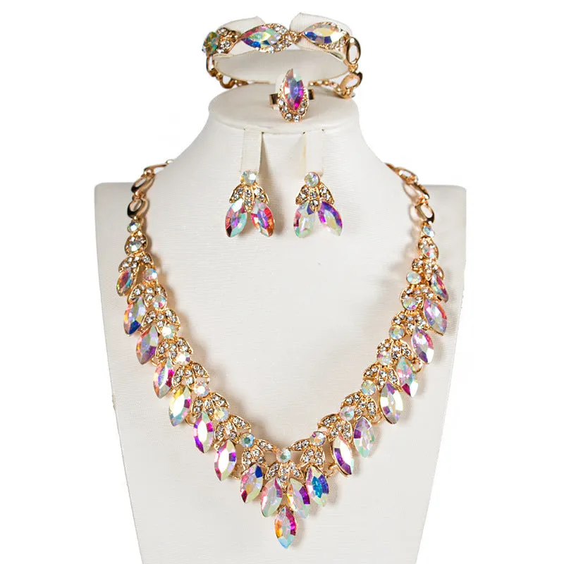 Luxury Crystal Necklace Earrings Bracelet Ring Jewelry Sets Party Wedding Accessories Bridal Costume Jewellery Sets