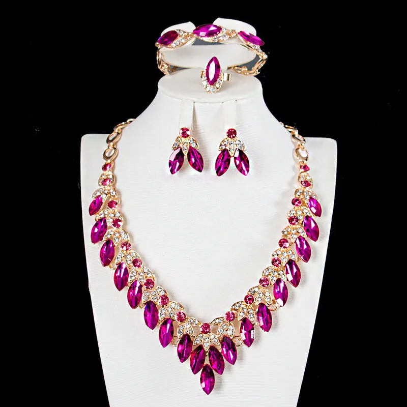 Luxury Crystal Necklace Earrings Bracelet Ring Jewelry Sets Party Wedding Accessories Bridal Costume Jewellery Sets