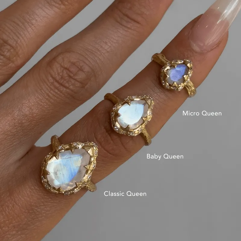 Micro Queen Water Drop Moonstone Rose Thorn Ring with Pavé Diamond Halo