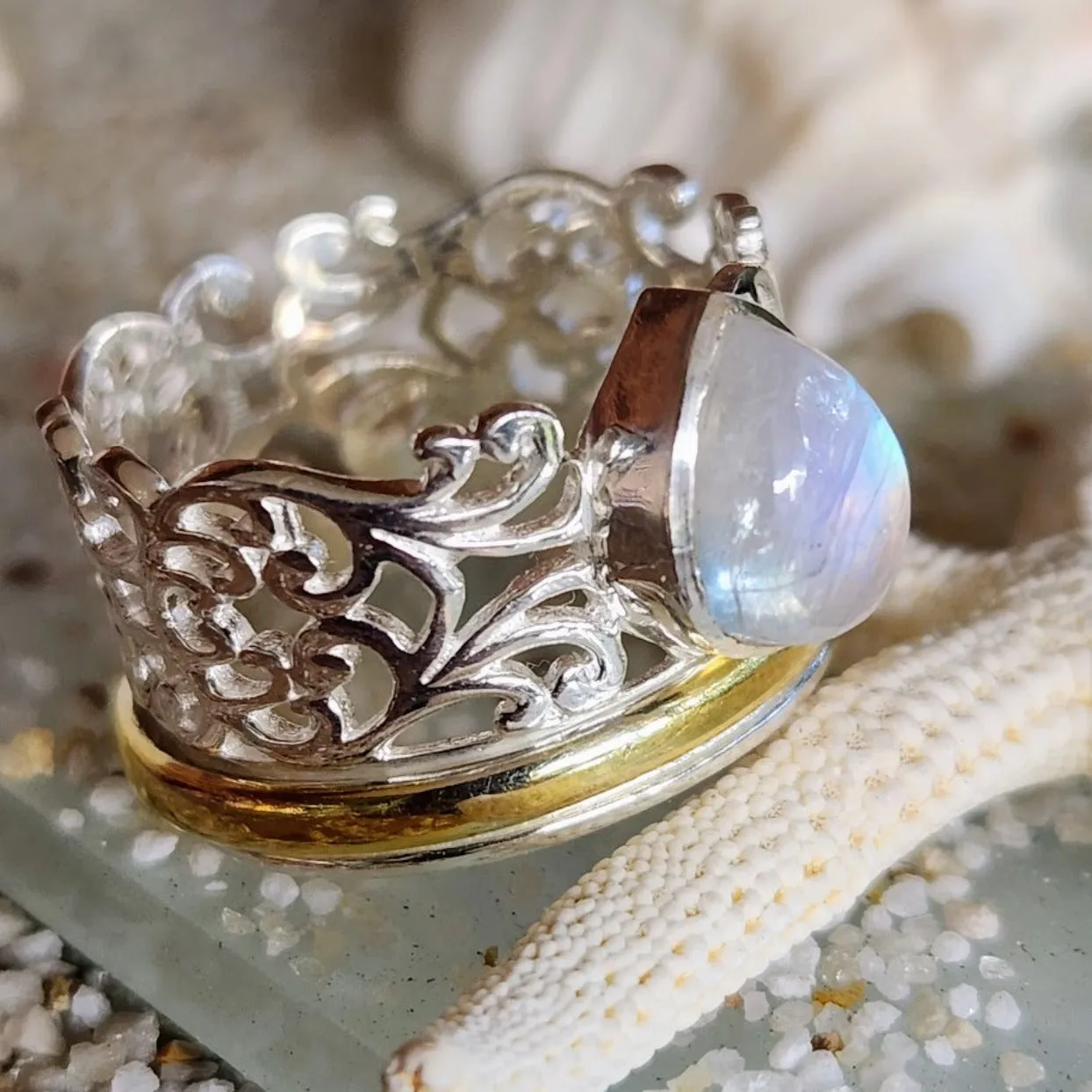 MOONSTONE TEARS - 925 SILVER VERMEIL SPINNER RING
