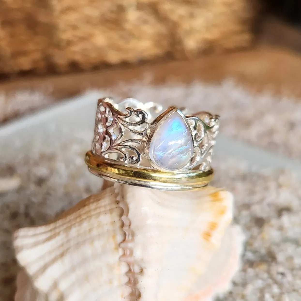MOONSTONE TEARS - 925 SILVER VERMEIL SPINNER RING