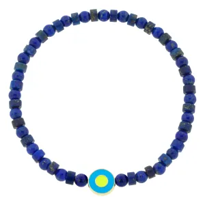 Neon Blue Enameled Evil Eye Disk on Lapis Beaded Bracelet