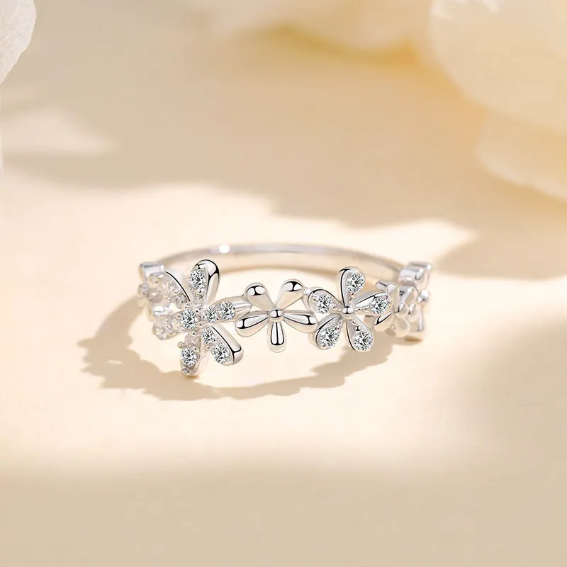 New freesia ring women's s925 sterling silver niche simple micro-inlaid flower ring versatile bracelet