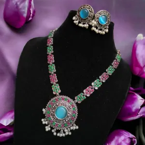 Niharika Silver Oxidized Necklace Set, Green / Pink / Turquoise