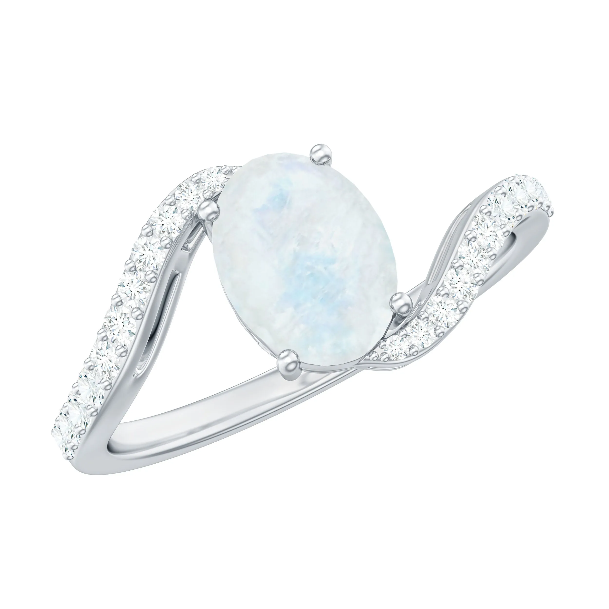 Oval Cut Solitaire Moonstone and Diamond Bypass Ring