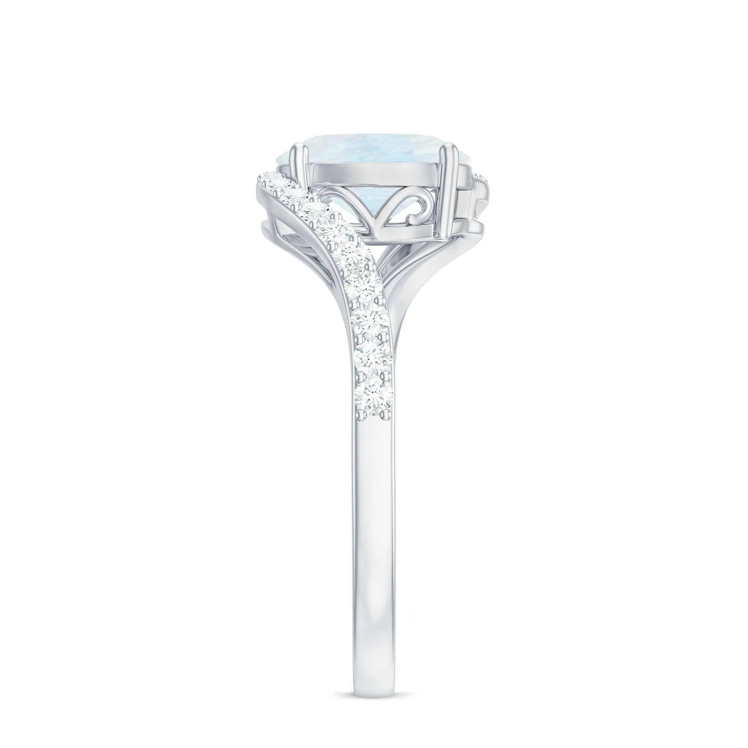 Oval Cut Solitaire Moonstone and Diamond Bypass Ring