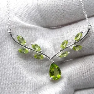 Peridot Necklace, 9 faceted stones, Nature Themed, 925 Sterling Silver