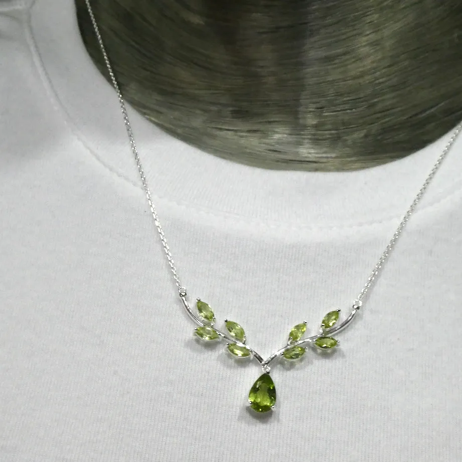 Peridot Necklace, 9 faceted stones, Nature Themed, 925 Sterling Silver