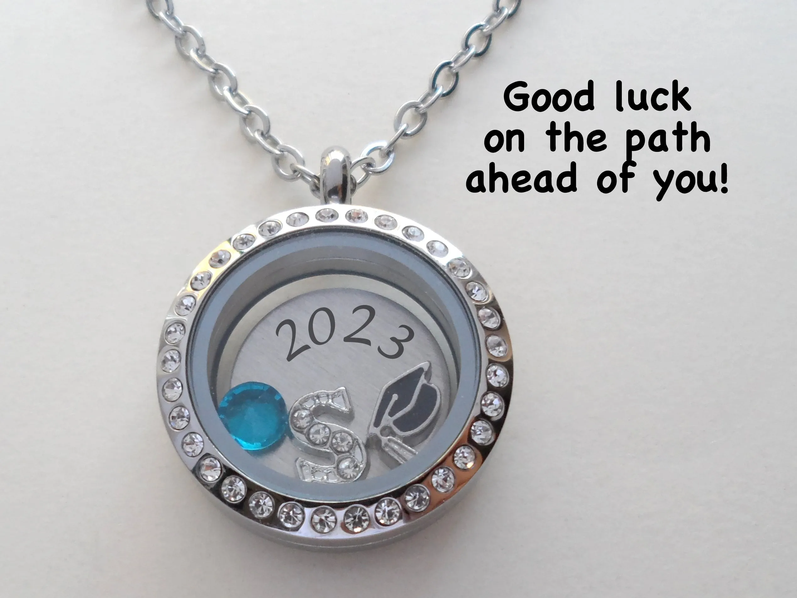 Personalized 25mm Circle Class of 2025 Graduate Floating Locket Necklace with Clear Crystal Edge for Graduation with Letter & Birthstone Charm - by Jewelry Everyday