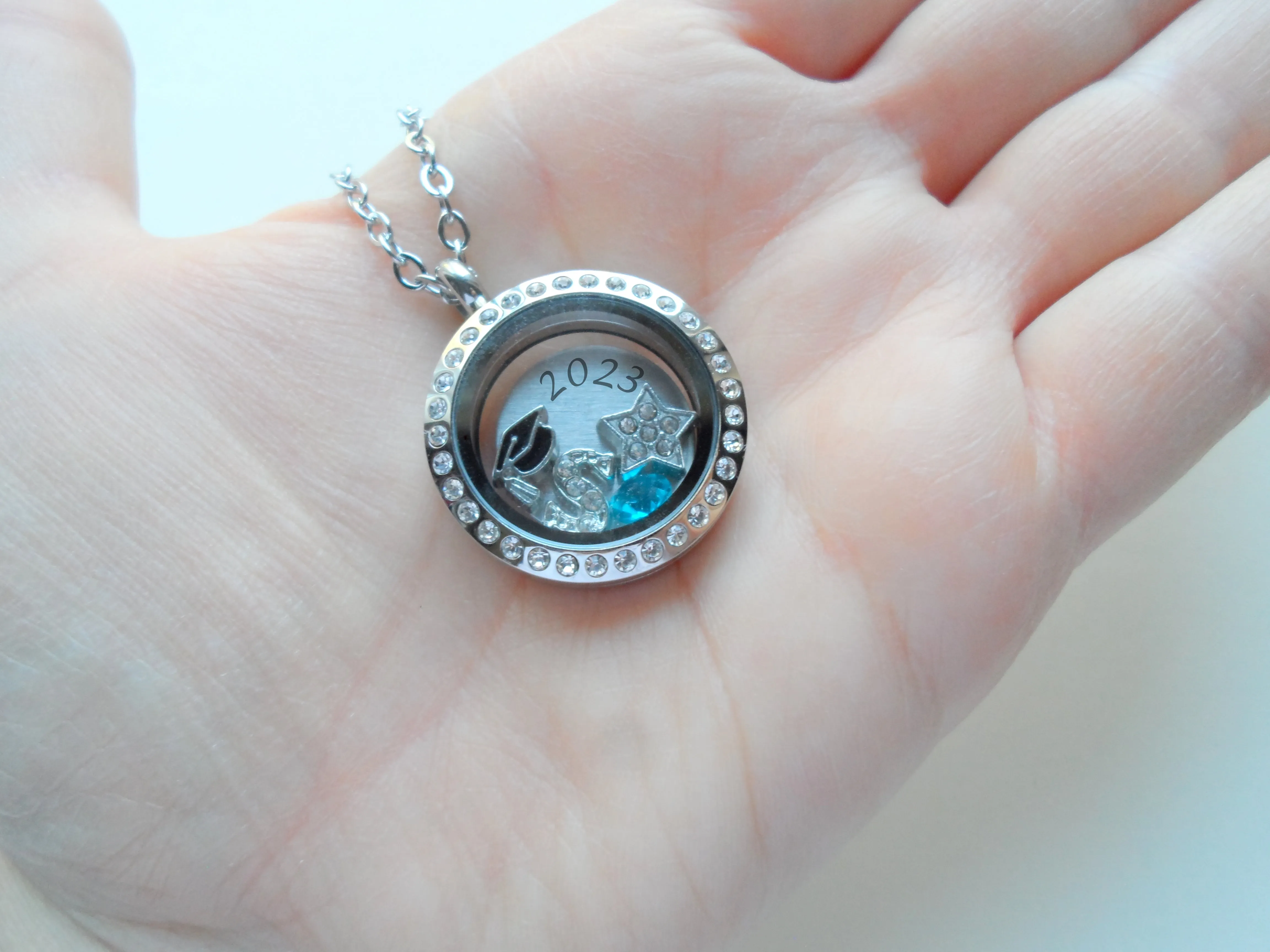 Personalized 25mm Circle Class of 2025 Graduate Floating Locket Necklace with Clear Crystal Edge for Graduation with Letter & Birthstone Charm - by Jewelry Everyday