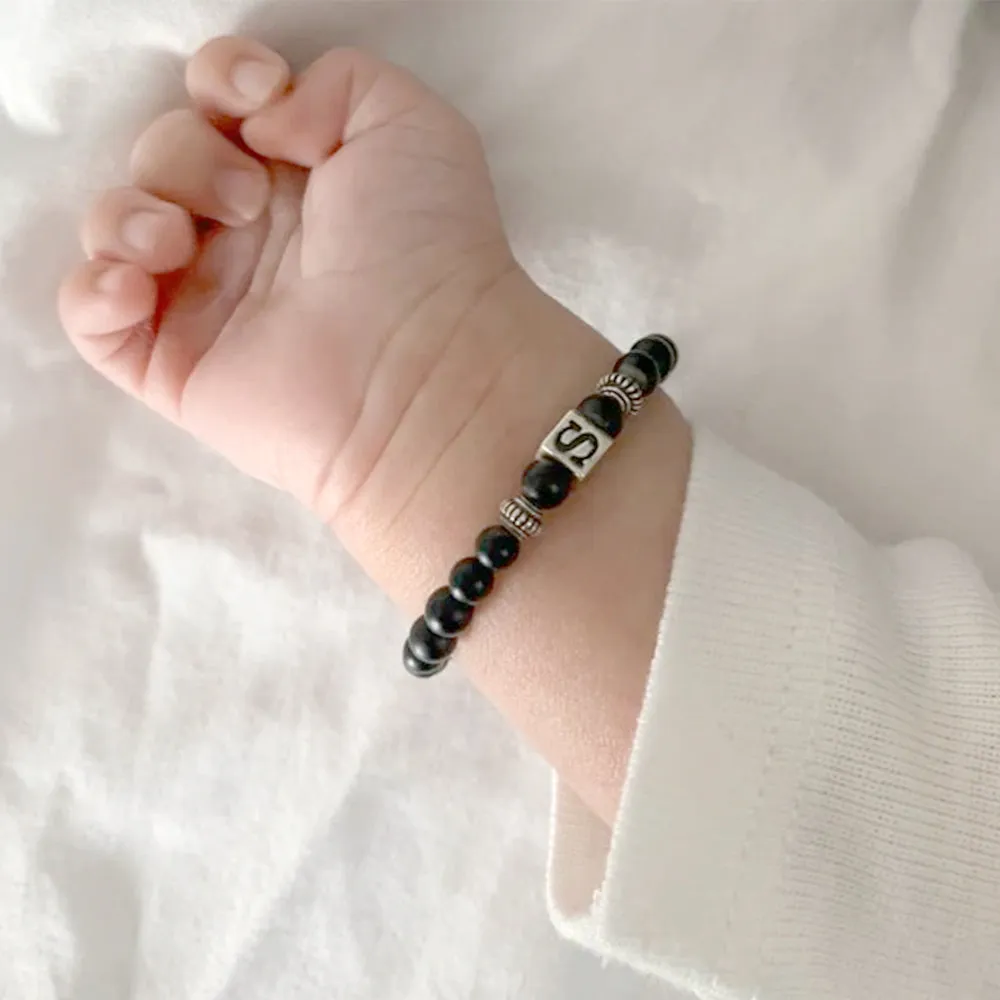 Personalized Baby Boy Onyx Bracelet with a Initial Bead