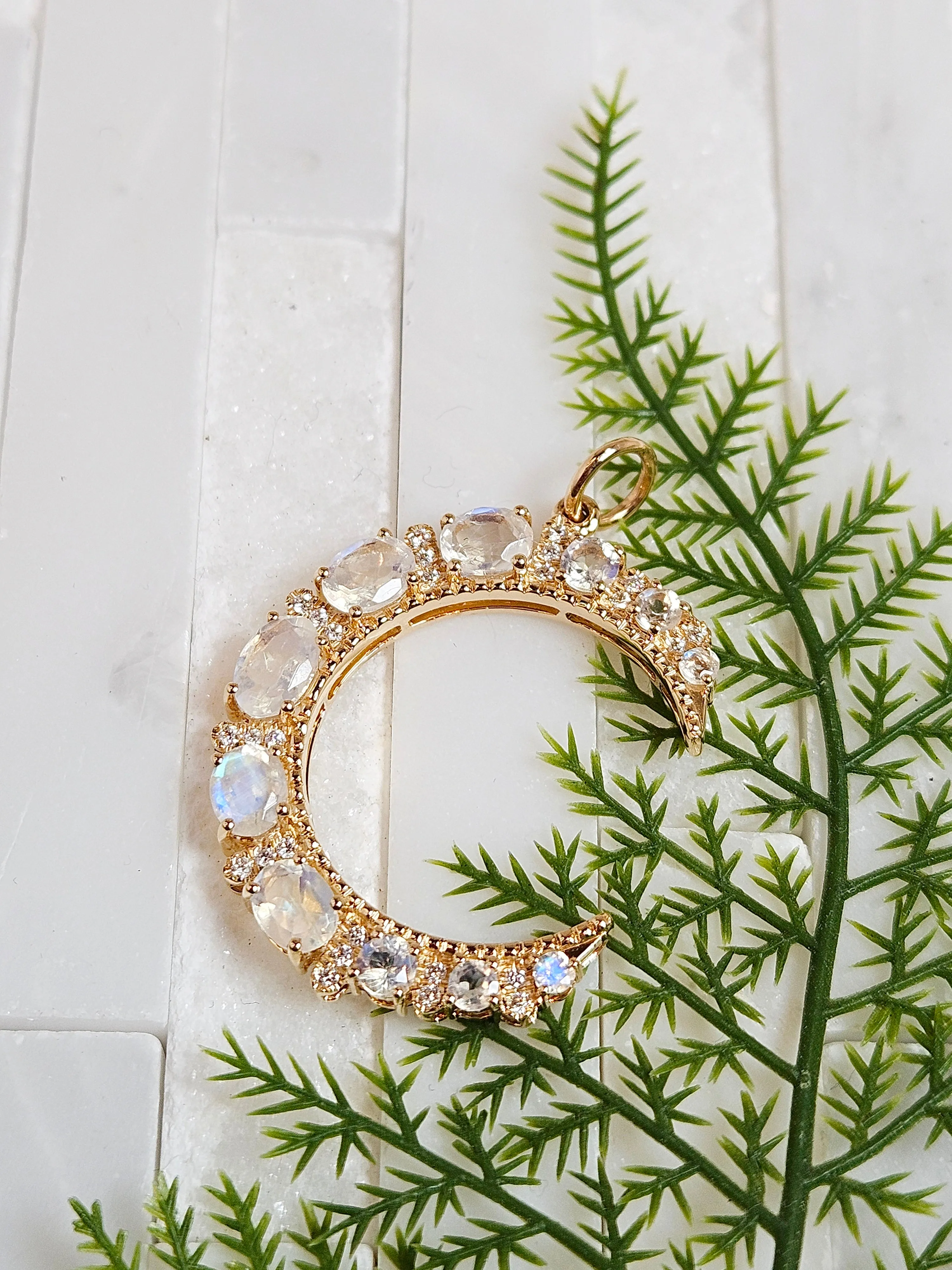 Rainbow Moonstone Gemstone Crescent Moon 14K Yellow Gold Diamond Pendant