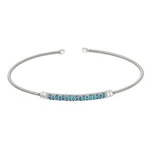 Rhodium Finish Sterling Silver Cable Cuff Bracelet with Three Rows of Simulated Blue Zircon Birth Gems - December