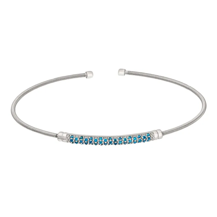 Rhodium Finish Sterling Silver Cable Cuff Bracelet with Three Rows of Simulated Blue Zircon Birth Gems - December