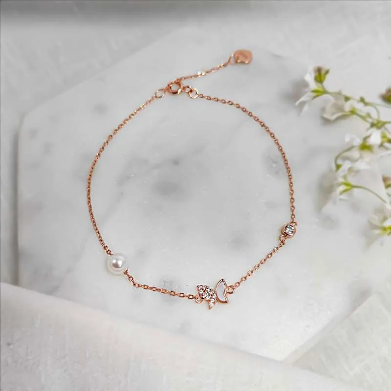 Rosegold Dainty Butterfly Pearl Bracelet