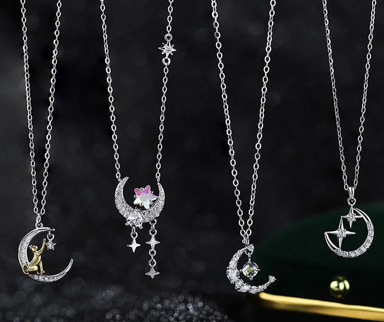 Silver star and moon necklace female star moon clavicle chain light luxury zircon fashion versatile cat pendant jewelry