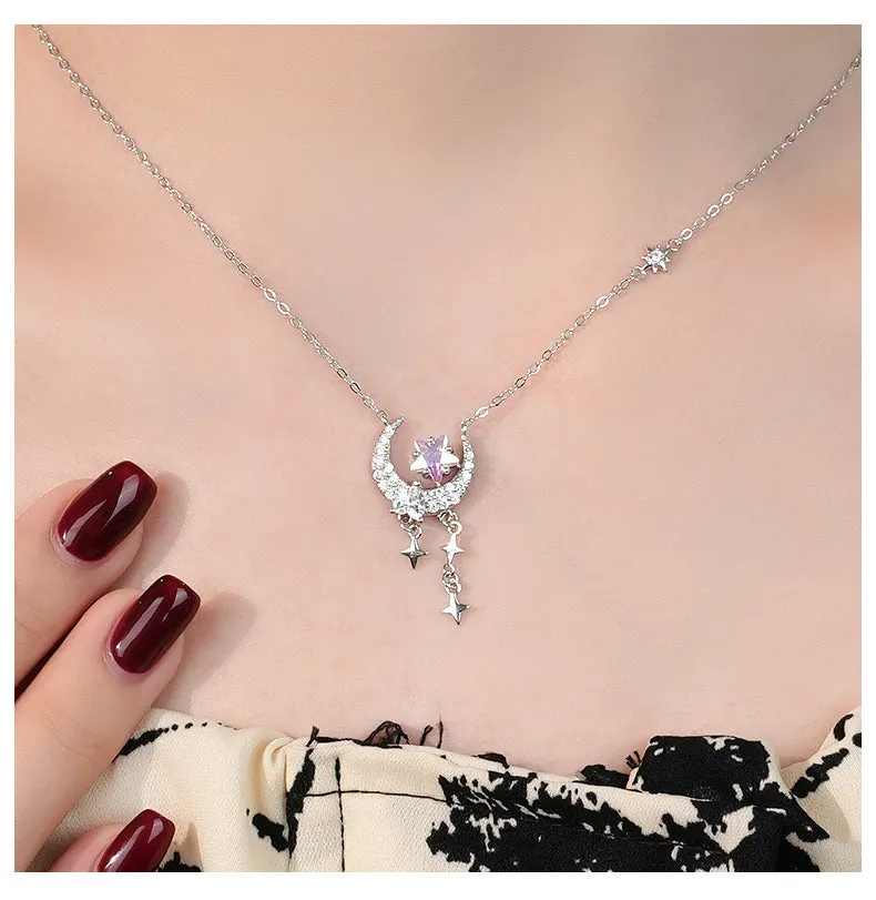 Silver star and moon necklace female star moon clavicle chain light luxury zircon fashion versatile cat pendant jewelry