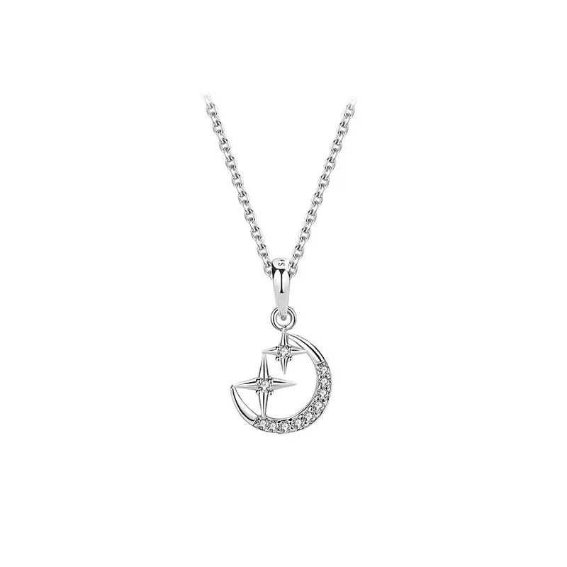 Silver star and moon necklace female star moon clavicle chain light luxury zircon fashion versatile cat pendant jewelry