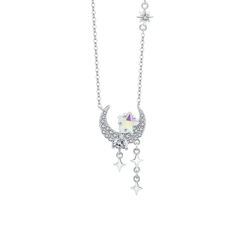 Silver star and moon necklace female star moon clavicle chain light luxury zircon fashion versatile cat pendant jewelry