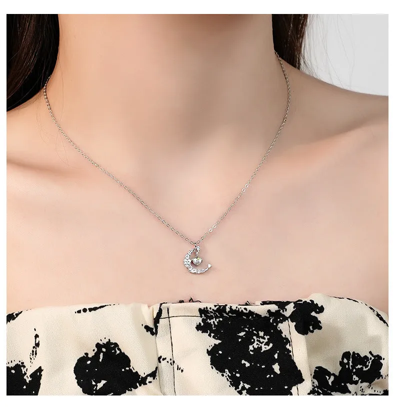 Silver star and moon necklace female star moon clavicle chain light luxury zircon fashion versatile cat pendant jewelry