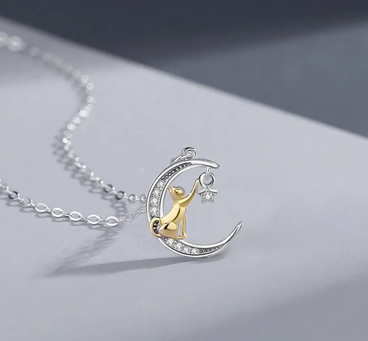 Silver star and moon necklace female star moon clavicle chain light luxury zircon fashion versatile cat pendant jewelry
