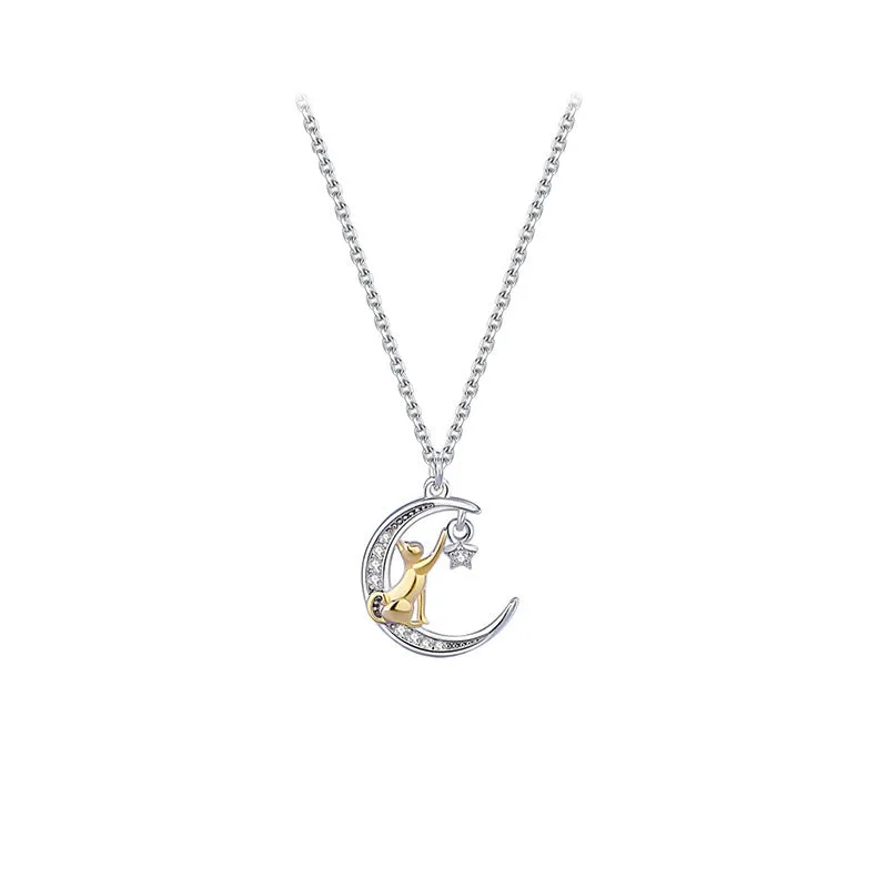 Silver star and moon necklace female star moon clavicle chain light luxury zircon fashion versatile cat pendant jewelry