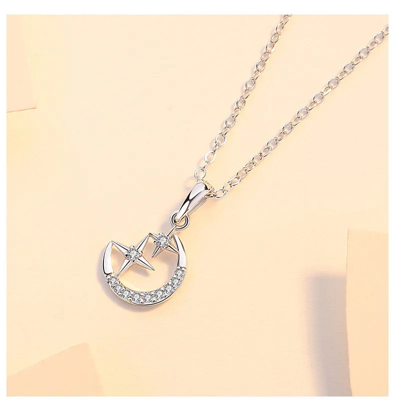 Silver star and moon necklace female star moon clavicle chain light luxury zircon fashion versatile cat pendant jewelry