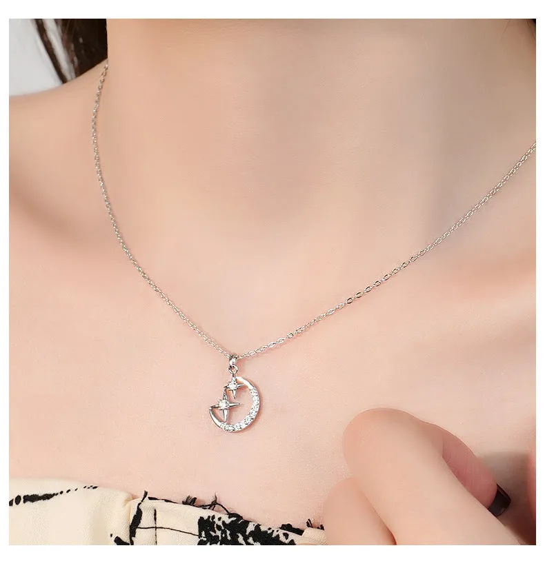 Silver star and moon necklace female star moon clavicle chain light luxury zircon fashion versatile cat pendant jewelry