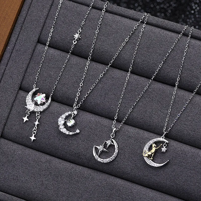 Silver star and moon necklace female star moon clavicle chain light luxury zircon fashion versatile cat pendant jewelry