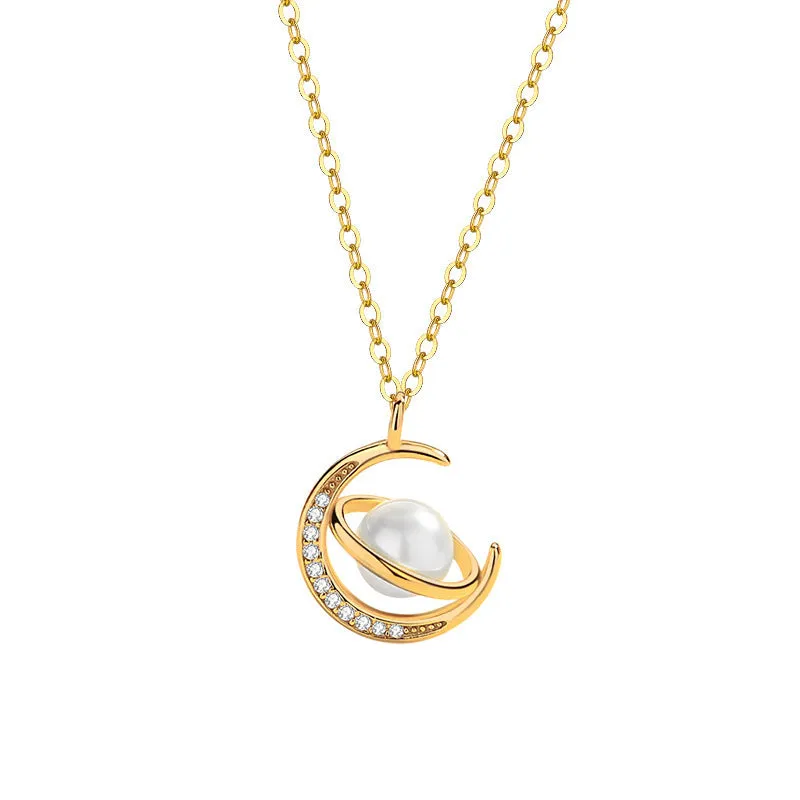 Silver star and moon necklace female star moon clavicle chain light luxury zircon fashion versatile cat pendant jewelry
