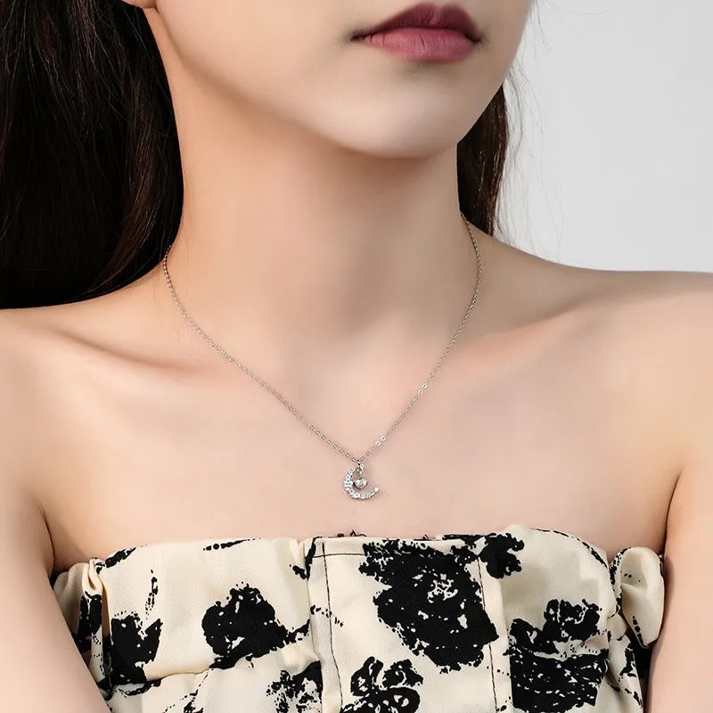 Silver star and moon necklace female star moon clavicle chain light luxury zircon fashion versatile cat pendant jewelry