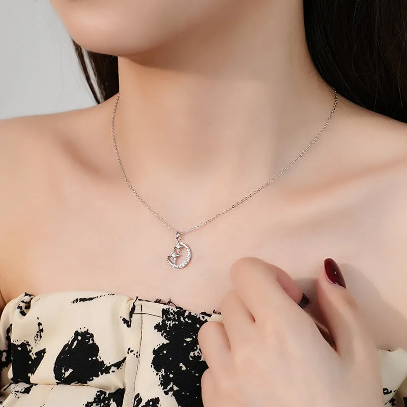 Silver star and moon necklace female star moon clavicle chain light luxury zircon fashion versatile cat pendant jewelry