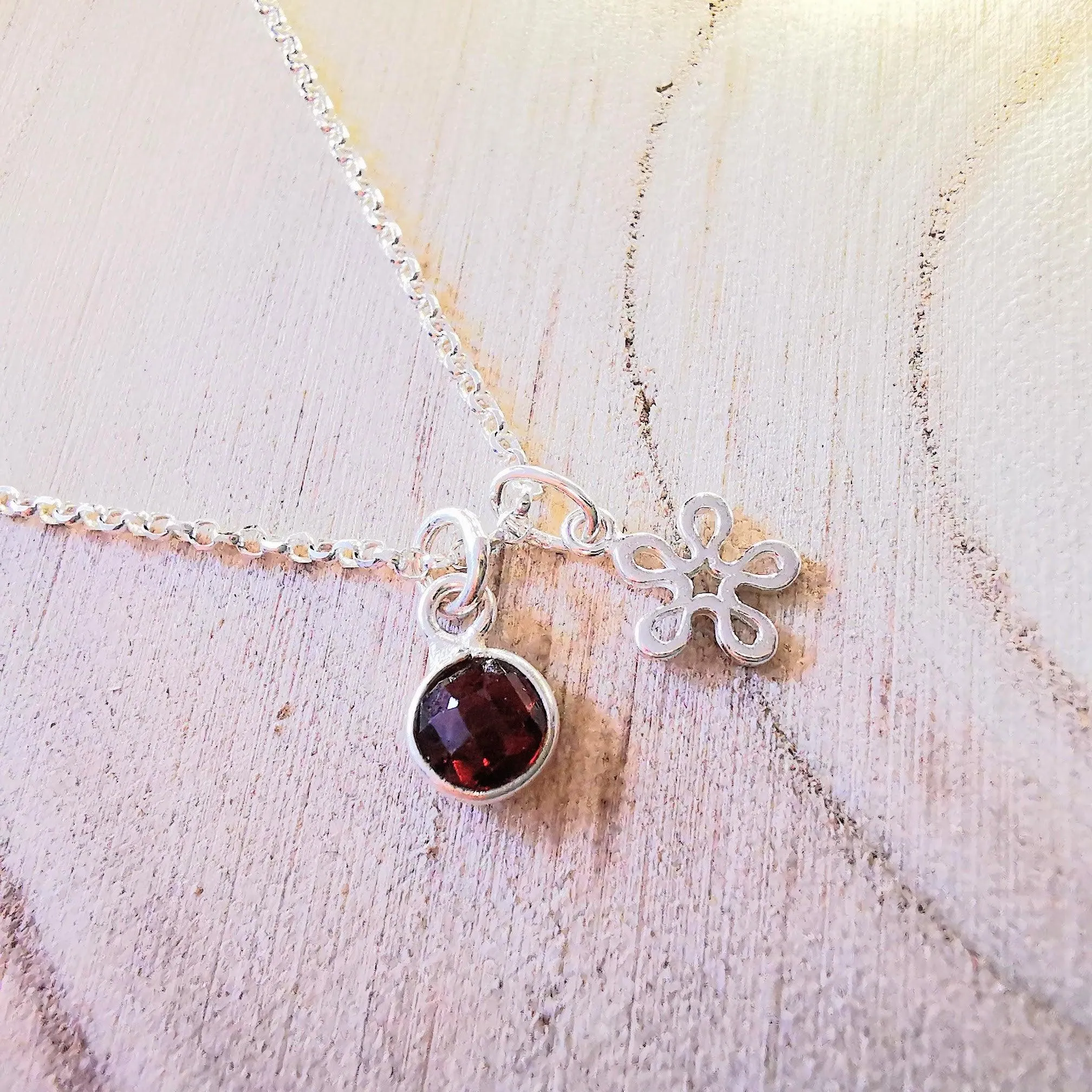 Sterling Silver Flower and Garnet Necklace