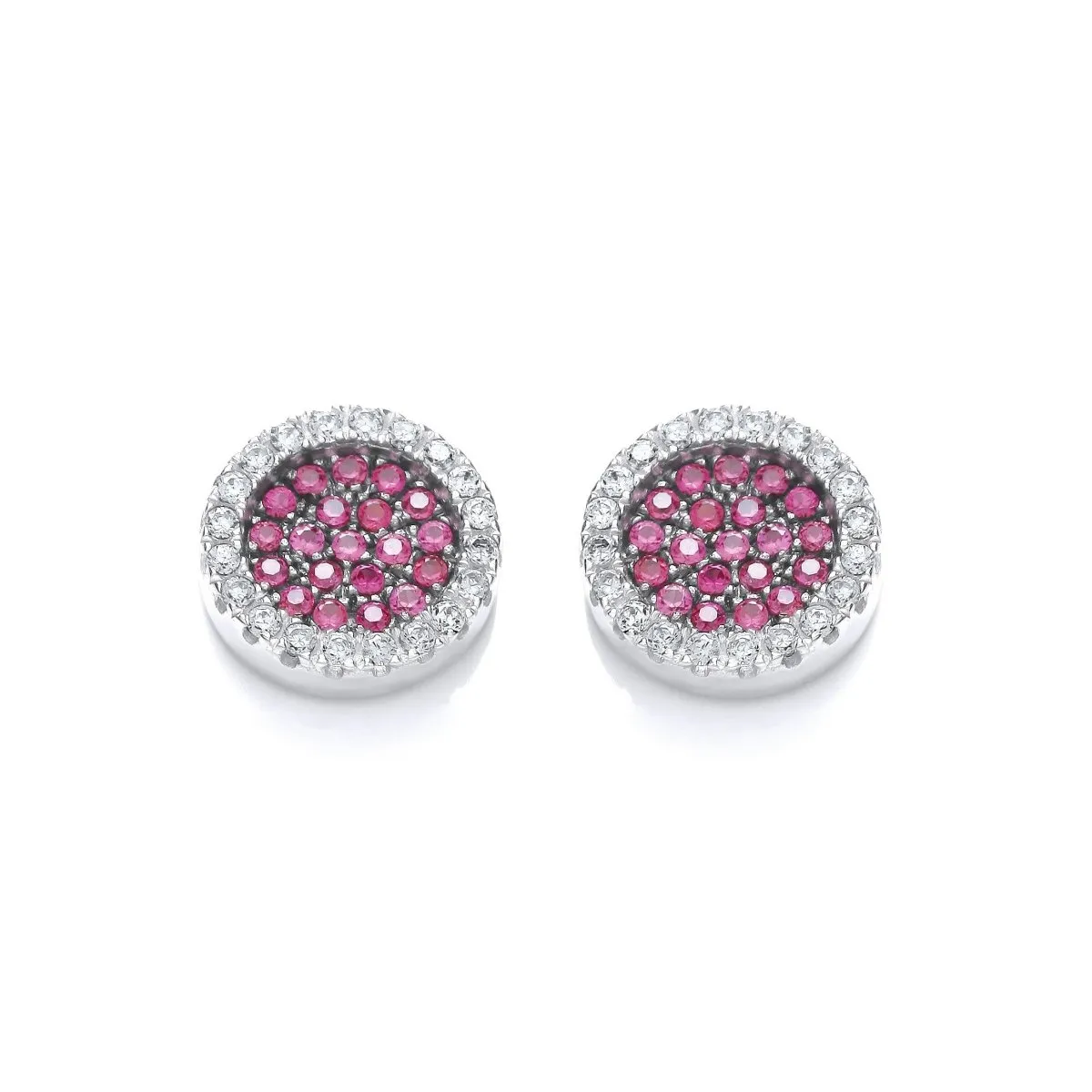 Sterling Silver Round Pink Sapphire CZ Pave Stud Earrings