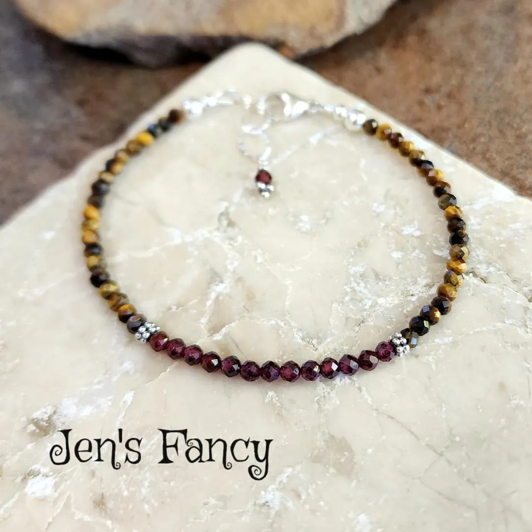 Tiger Eye & Garnet Gemstone Bracelet Sterling Silver