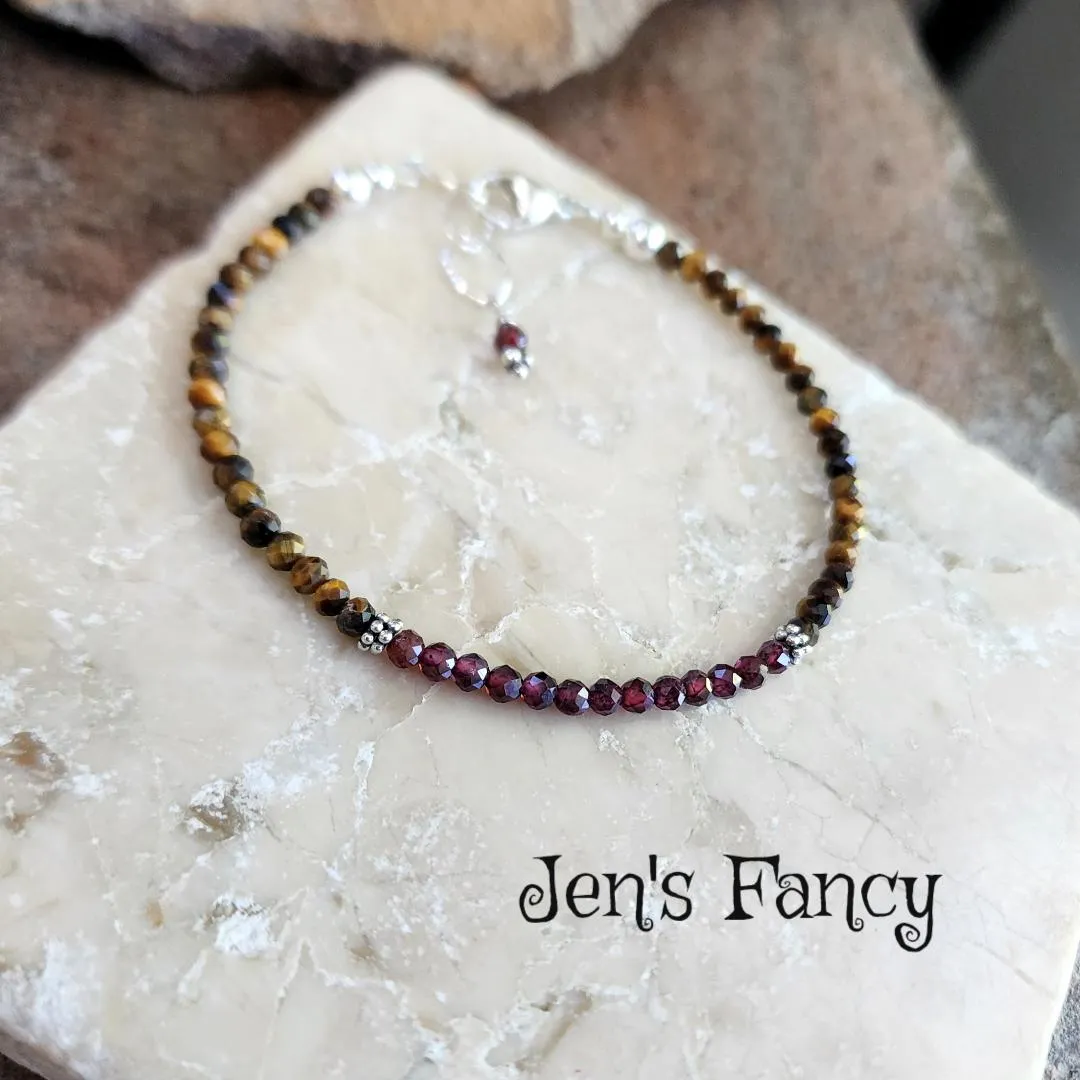 Tiger Eye & Garnet Gemstone Bracelet Sterling Silver