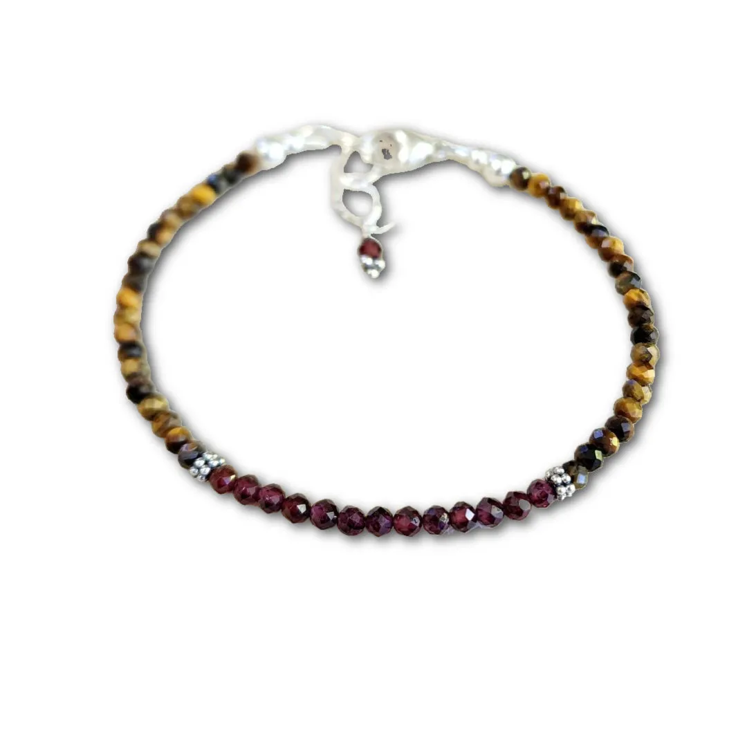 Tiger Eye & Garnet Gemstone Bracelet Sterling Silver