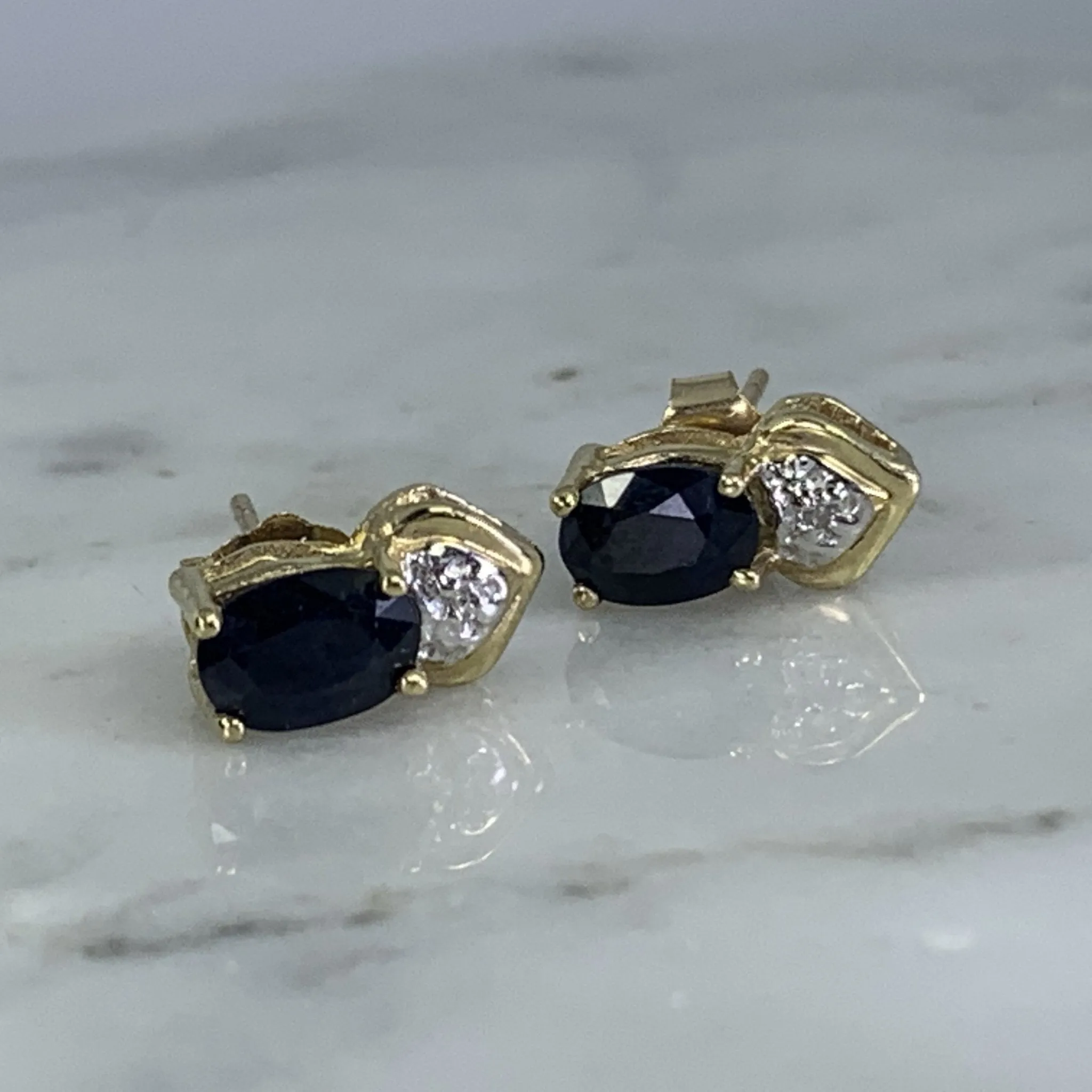 Vintage Sapphire and Diamond Earrings. 10k Solid Yellow Gold. September Birthstone.